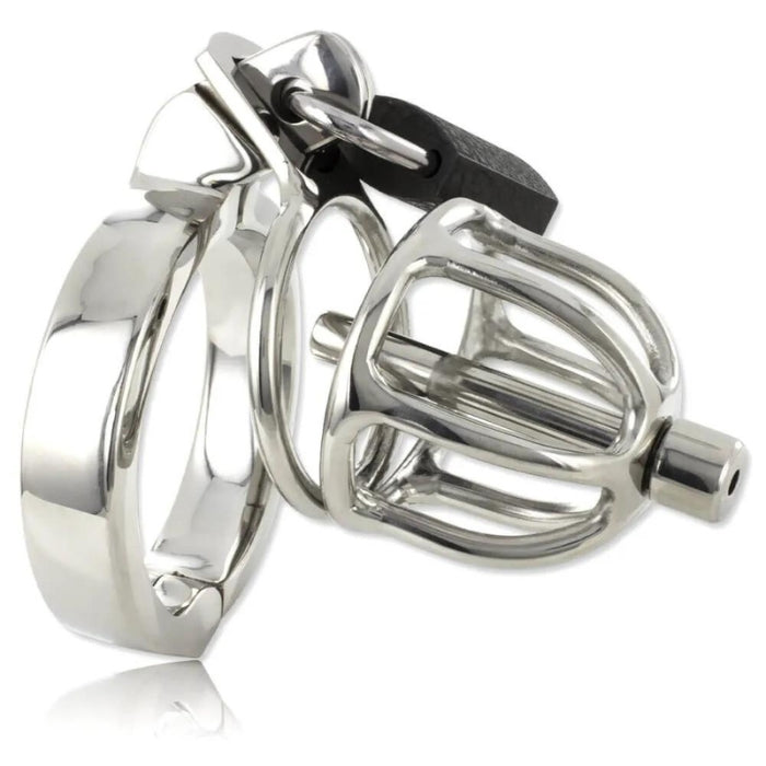 Due to the number of requests for smaller chastity devices we bring you the Stainless Steel Weenie Locker Chastity Cage, that comes with a removable hollow urethral sound and padlock closure to keep your convict caged up. The stainless steel material is non-porous, hygienic, easy to sterilize, temperature resistant, impact-resistant, and offers long-term value. Set includes: 1 mini cock cage, 1 removable urethral plug, 1 comfort hinge cock ring, 1 padlock and keys.
