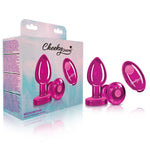 Cheeky Charms Vibrating Metal Plug pink Medium with Remote. Cheeky Charms is a collection of vibrant, seductive metal anal plugs, each show casing a beautiful Acrylic Gem Stone. These butt plugs are great for temperature play and anyone who wants to decorate their rear entrance. Tapered for easy insertion and designed with a flared base and thin stem. Aluminum Butt Plug, ABS Plastic Remote Control, Acrylic Gem Stone. Size 2.78 inches in length by 1.25 inches in width. USB Rechargeable, Waterproof.