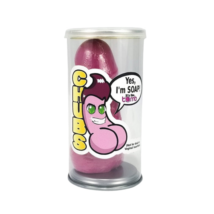 This Penis shaped soap is Chubs! He's the size of a regular guest bar of soap and comes in a sealed- pop-top can. All Natural pink Scented with Essential Oils of Fruity Floral.