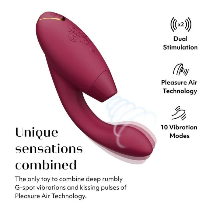 Made for you and your body: All Womanizer products feature a unique innovation called Pleasure Air Technology. Gentle air vibrations suck and massage together at the same time to provide an unprecedented orgasmic feeling. DUO 2 simultaneously targets the G-spot with deep rumbly vibrations and the clitoris with suction-like Pleasure Air stimulation. 10 different vibration patterns, waterproof and rechargeable.