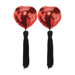 Red heart shape sequin pasties with tassels and reusable self adhesive backing. One size fits most.