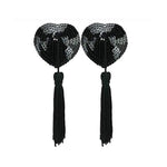 Black heart shape sequin pasties with tassels and reusable self adhesive backing. One size fits most.