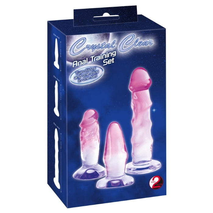 Crystal Clear Anal Training Set of 3 includes 1x anal plug and 2 x anal dildos, perfect for anal pleasure and stretching training. Each transparent plug/dildo is flexible and flexible for easy insertion and optimal adaptation to the body and movements. All with a wide suction base that ensures anal-safe handling without slipping. The suction base also sticks firmly to most smooth surfaces for hands-free use. 