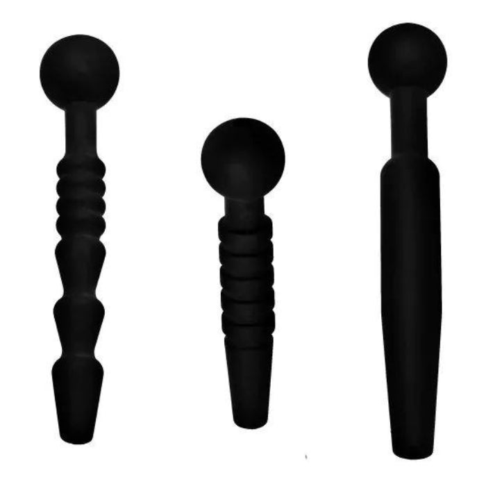 Delve into urethral play with three options of different textures and sizes. Each of these silicone penis plugs is hollow with an opening at the tip for your to urinate or cum through. Tapered and smooth for easy insertion. Measurements: Smallest plug measures 2.5 inches in total length, .4 inches at widest diameter. Medium plug is 3.3 inches in length, .35 inches at widest diameter. Largest plug is 3.55 inches in length, .45 inches at widest diameter.