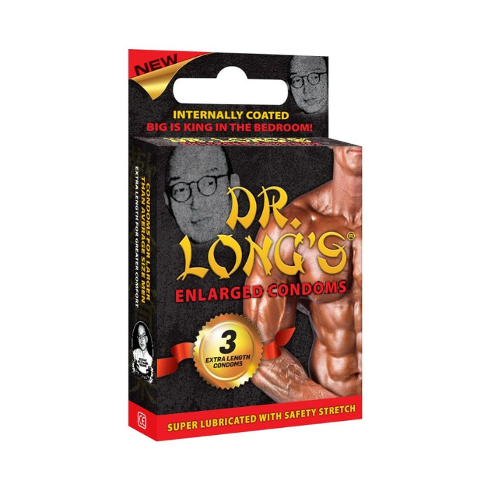 Dr Longs enlarged condoms pack of 3. Lubricated condoms for larger than average size men as well as extra length for comfort.