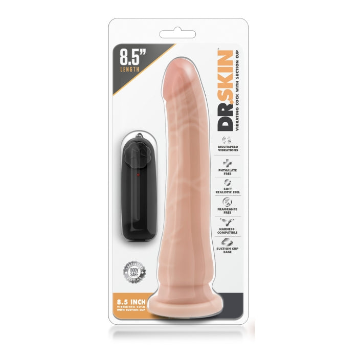 Dr. Skin 8.5 Inch Vibrating Realistic Dildo. with 8.5 inches of length and 1.5 inches of girth for you to master. This dildo looks and feels so real: the firmness and bulging veins give it it's realistic look and feel. The slightly curved shaft is perfect for G spot or P spot stimulation. The suction cup base is perfect for solo use and it is harness compatible for pegging and other couples play!