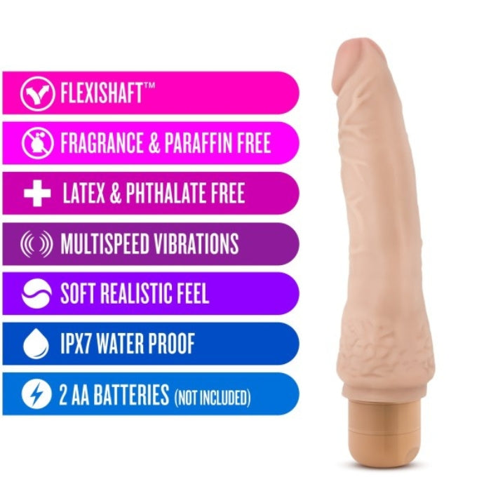 Dr. Skin Vibe #7 features - Flexishaft, fragrance & paraffin free, latex & phthalate free, Multispeed vibrations, soft realistic feel, IPX7 waterproof and takes 2 AA batteries (not included)