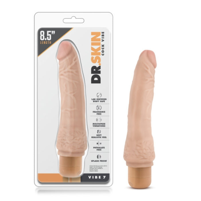 Dr. Skin Vibe #7 is a 8.5 inch realistic vibrating dildo with bulging veins and twist dial base for adjustable multi-speed vibrations. It has a tapered head and thin shaft can be comfortably and easily inserted. Cock Vibe 2 is powered by 2 AA batteries, not included. Soft vibrator that measures 8.5 inches long by 1.55 inches wide. Can safely be inserted 7.25 inches. Circumference: 4.5 inches.