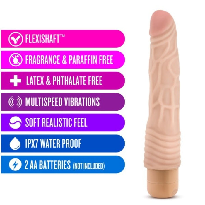 Dr Skin #2 Vibrator features - Flexishaft, fragrance & paraffin free, latex & phthalate free, multispeed vibrations, soft realistic feel, IPX7 waterproof and 2 AA Batteries (not included).