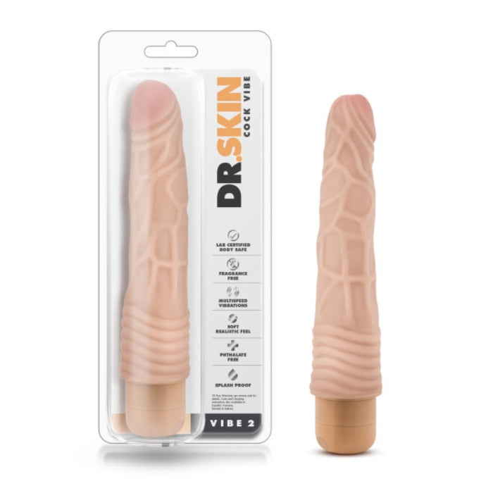 Dr. Skin Vibe 2 is a 9 inches realistic vibrating dildo with bulging veins and twist dial base for adjustable multi-speed vibrations. It has a tapered head and thin shaft can be comfortably and easily inserted. Cock Vibe 2 is powered by 2 AA batteries, not included. Soft vibrator that measures 9 inches long 1.75 inches wide.