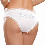 Flirty and sexy low-rise bikini panty with organza ruffle trim and blue bow in the front, with moderate cheeky back coverage. Sexy rhinestone bride detail perfect for the wedding night.<br><strong>Size Large.</strong>