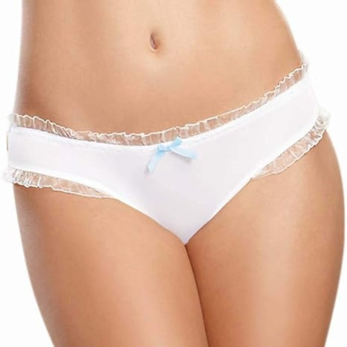 Flirty and sexy low-rise bikini panty with organza ruffle trim and blue bow in the front, with moderate cheeky back coverage. Sexy rhinestone bride detail perfect for the wedding night.<br><strong>Size Large.</strong>