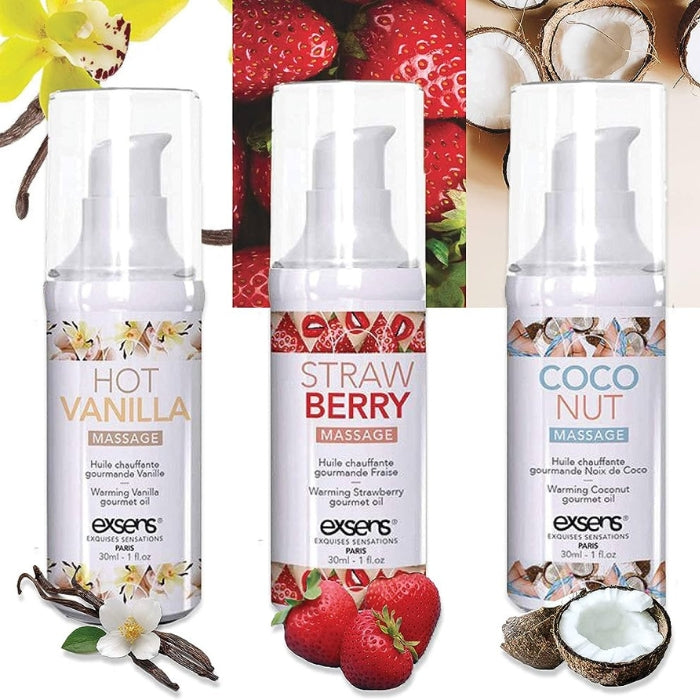 For something more luscious, try these three sweet and indulgent flavors of Exsens 2-in-1 edible massage oils that come in a travel kit. Try a different flavor for different moments with mouth-to-skin contact for the most intense effect. 1 - 30ml bottle each of: Strawberry, Coconut & Hot Vanilla Warming Massage Oils