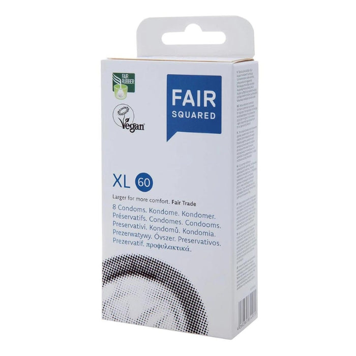 Fair Squared Condoms XL are extra large, transparent and have a nominal width of 60 mm. Smooth, Cylindrically shaped with reservoir and lubricated. Made of natural latex. Box of 8