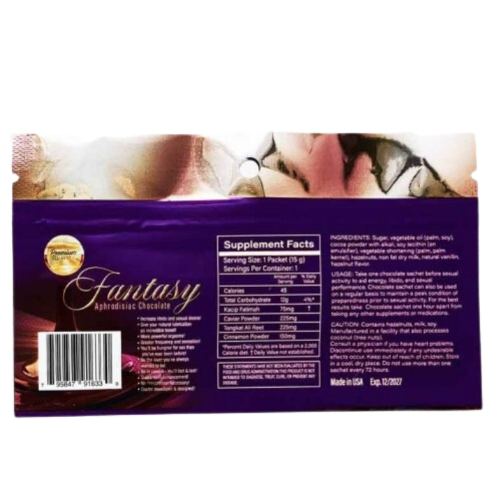 Fantasy Aphrodisiac Chocolate For Him, Make love making more desirable, exciting and pleasurable. Take one chocolate sachet before sexual activity to aid energy, libido, and sexual performance. A chocolate sachet can also be used on a regular basis to maintain a peak condition of preparedness prior to sexual activity. For the best results take a Chocolate sachet one hour apart from taking any other supplements or medications.