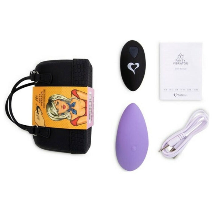 Feelz Panty Vibrator Purple comes with a manual, remote contril, USB charging cable and cute little black carry/storage bag.