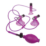 Fetish Fantasy Series Triple Suckers turn on the 3 mini vibrators, place the cupped Nipple Super Suck Hers over the nipples and place the cupped Clitoral Suck Her over the clitoral area and pump the ball until the suckers stay in place. Just press the quick release button when finished. Try it in the bath for a new and exciting thrill. Package includes: 2 Nipple Suckers, 1 Clit Sucker, 3 Vibrating Bullets, 1 Hose, 1 Pump Ball, Free batteries.