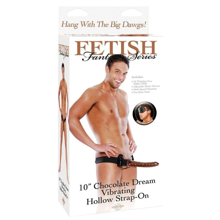Now you can have the length and girth you have always dreamt of and be all the man you can be with the 10" (25 cm) Chocolate Dream Vibrating Hollow Strap-On! Say goodbye to embarrassing midway letdowns and say hello to a satisfying smile from your lover. The comfortable elastic harness easily adjusts to fit most sizes, while the 10" (25 cm). It's perfect for men with ED, for women, or for the couple who fantasize about their "darker" desires.
