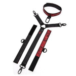 Made with soft padding in a beautiful faux leather, rose-patterned, black-and-red colorway. Beautifully crafted with padding and a reversible design, these cuffs and collar are fully adjustable via a six-hole buckle to give you the perfect fit. Thanks to a connecting chain with quick-release clips, your restraint adventures are both secure and safe. What's more, a D-ring to each wrist cuff means adding other restraints is easy.