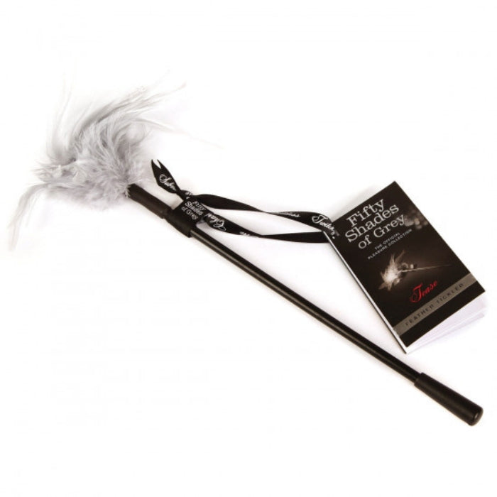 The Fifty Shades Tease Feather Tickler. The sensual grey coloured feathers have natural variations in length, providing an array of arousing sensations to your partners most sensitive spots. The tease is a perfect introduction to sensory play, light bondage experimentation and seductive light massage. Pair with a blindfold for heightened senses.