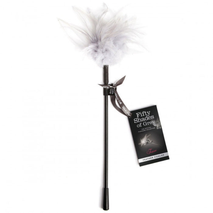 The Fifty Shades Tease Feather Tickler. The sensual grey coloured feathers have natural variations in length, providing an array of arousing sensations to your partners most sensitive spots. The tease is a perfect introduction to sensory play, light bondage experimentation and seductive light massage. Pair with a blindfold for heightened senses.