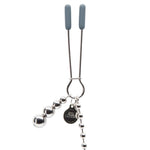 Tweezer-style chained nipple clamps with weighted beads for intermediate nipple play. The silicone-covered tips buffer sensation and strengthen grip.