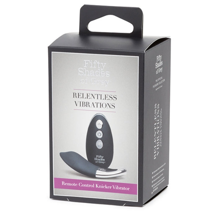 The Relentless Vibrations Collection is a Slimline vibrator that fits neatly in underwear for sensational clitoral stimulation, 10 patterns each with 6 levels of intensity for tailored pleasure, Smooth and sleek black silicone and silver ABS plastic knicker vibrator and black PU coated remote control with silver contrast buttons and detail, Toy is USB rechargeable with cable included, Toy 100% waterproof (remote control not waterproof), Comes with a satin storage bag.