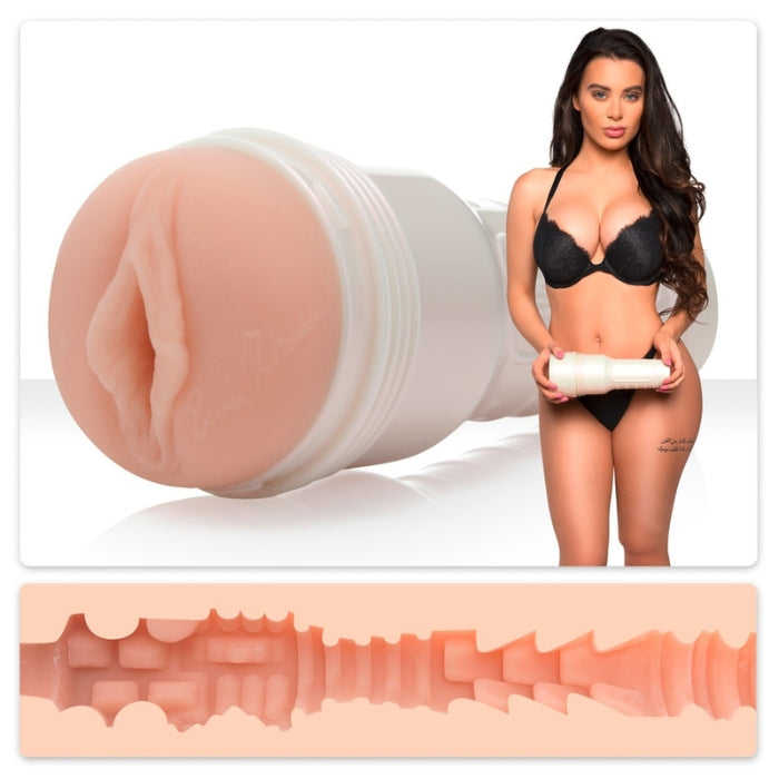 Fleshlight with vagina opening in a mother-of-pearl housing. With an original print of the intimate area of ​​erotic star Lana Rhoades. Inside the pleasure channel, knobs, slats and groove structures of different sizes create a stimulation-intensive surface. With a cover cap and the star's signature next to the labia. Superskin texture.