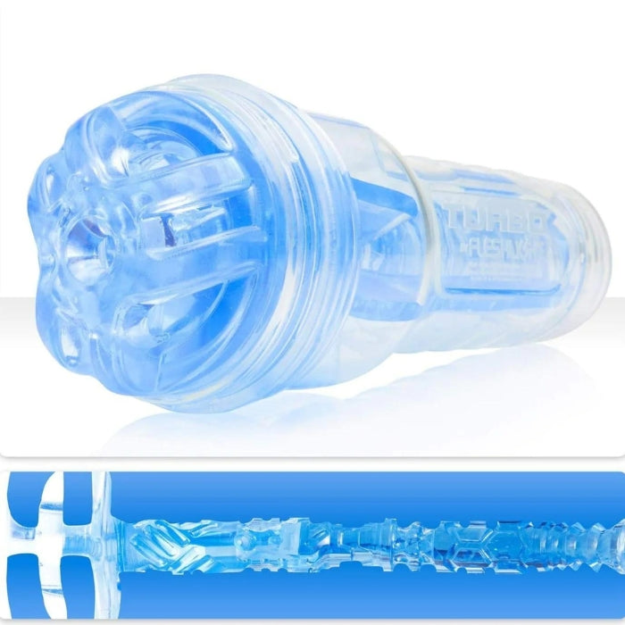 Fleshlight Turbo Thrust Ignition Blue Ice, male masturbator. The textures within this masturbator is different to the Turbo Ignition, this mimics oral sex with precision and stimulates him for a powerful, pleasure-packed experience every time, the most realistic and satisfying alternative to oral sex. Uniquely designed with three points of initial insertion, the Turbo provides the mind-blowing sensations synonymous with getting a stellar blowjob every time you use it. Body safe materials and easy to clean.