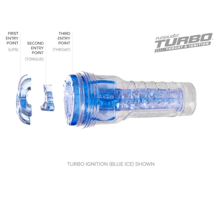 Fleshlight Turbo Thrust Blue Ice, male masturbator. Mimics oral sex with precision and every twist and turn of the unique texture stimulates him for a powerful, pleasure-packed experience every time, the most realistic and satisfying alternative to oral sex. Uniquely designed with three points of initial insertion, the Turbo provides the mind-blowing sensations synonymous with getting a stellar blowjob every time you use it. Body safe materials and easy to clean.