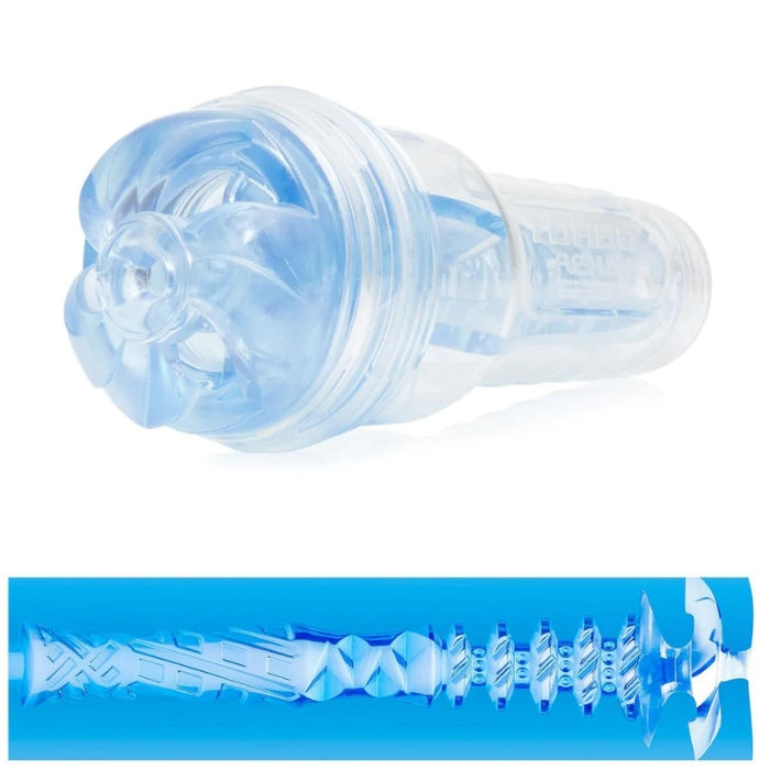 Fleshlight Turbo Thrust Blue Ice, male masturbator. Mimics oral sex with precision and every twist and turn of the unique texture stimulates him for a powerful, pleasure-packed experience every time, the most realistic and satisfying alternative to oral sex. Uniquely designed with three points of initial insertion, the Turbo provides the mind-blowing sensations synonymous with getting a stellar blowjob every time you use it. Body safe materials and easy to clean.