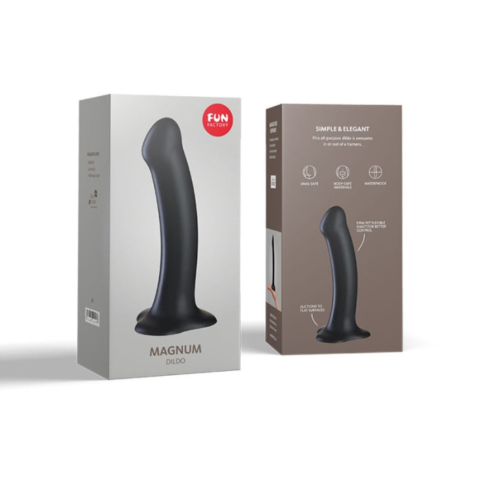 Fun Factory Magnum dildo. If you are looking for size, this definitely lives up to its name. This big boy is great for vaginal and anal play and the curved tip makes for easy insertion and massages the P-spot or the G-spot perfectly. Thanks to the flat suction cup base, it can be used for both vaginal and anal play, and is also harness compatible. It can be stuck to a clean, flat surface or wall for solo play. Body safe materials. 7.5inches
