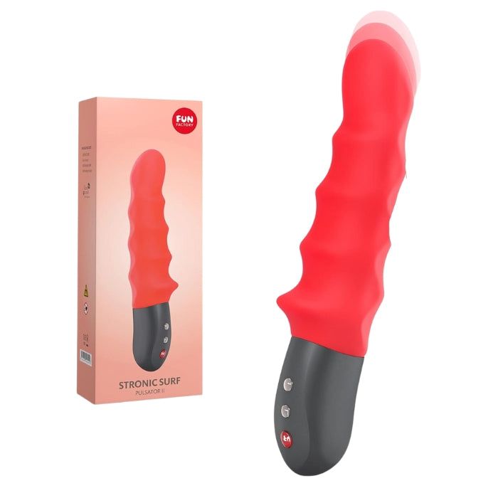 Fun Factory Stronic Surf Pulsator, vibrator. Oooooh the thrusts and pulsating sensation in ALL the right places, for a full surrounding pleasurable orgasm. The ripples massage the front and back of the vagina, with 1 modes of yummy . this vibrator thrusts back and forth all on its own for a unique hands-free experience. Body Safe materials. 100% Waterproof. Rechargeable.