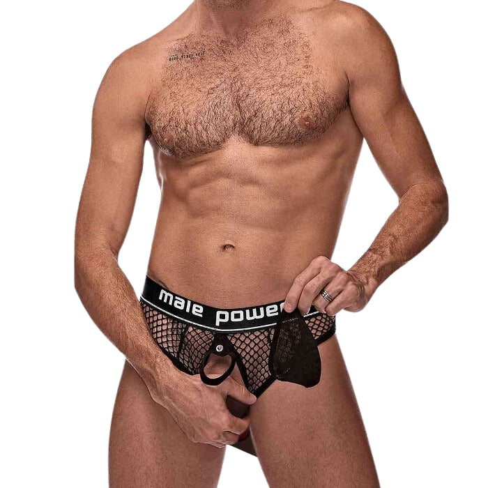 ﻿Show off your goods in this stylish mesh G-String, made with a breathable athletic mesh pouch which can be removed to show the the built-in elastic cock ring.  