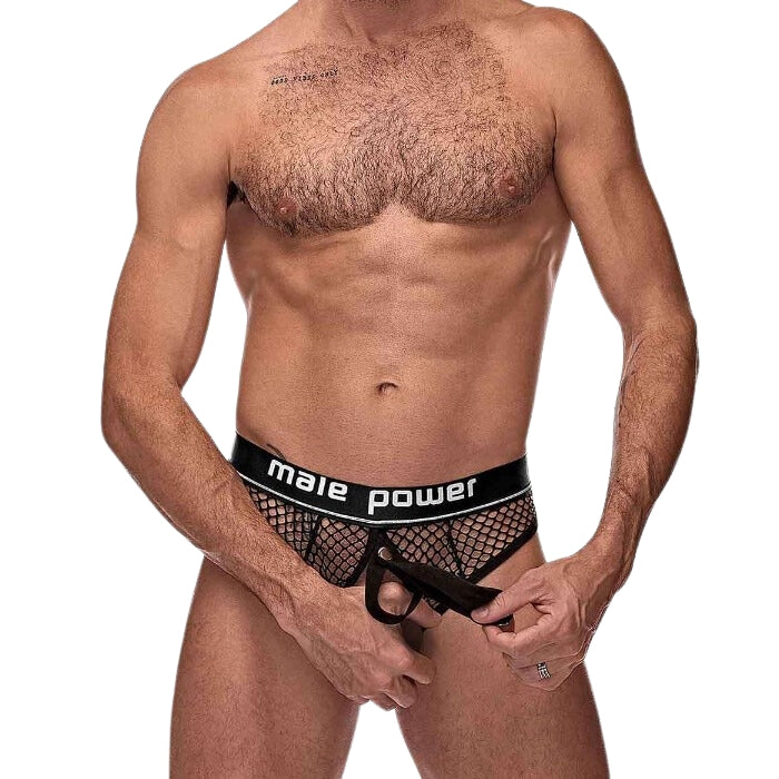 ﻿Show off your goods in this stylish mesh G-String, made with a breathable athletic mesh pouch which can be removed to show the the built-in elastic cock ring.  