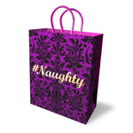 Want to make a statement to the one you love.. Or the one you would like to love? Wrap their next gift in our #Naughty gift bag. Our gift bags are high quality bags made of thick, sturdy cardstock paper with elegant woven handles. This 10-inch gift bag has a purple background with black patterns on and gold metallic stamped "#Naughty" on front and back.