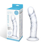 Enjoy the best of both worlds with a realistic shaped curved glass dildo featuring life like details like veins and a satisfying round tip. Offering a substantial 7 inches in length, this dildo is made from sleek glass that is smooth and slick, and can also be heated or cooled for more sensual sensation play. 