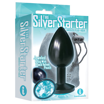 Silver Starter Round Aqua Gem Medium Anal Plug