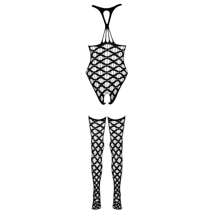 Bodysuit and over-the-knee stockings in an avant-garde coarse mesh look. Body with a stylish halterneck and invitingly open crotch. Over knees with reinforced toe area. Everything in elastic, soft quality for high wearing comfort. Size small.
