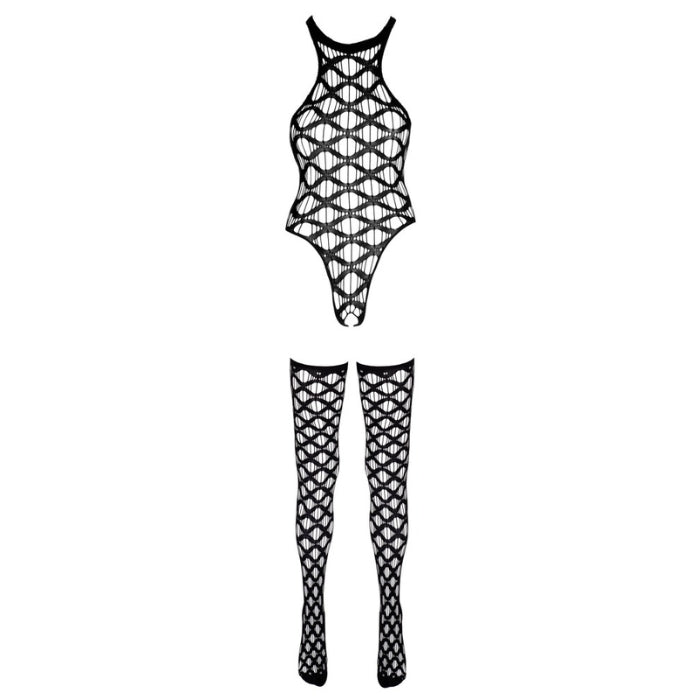 Bodysuit and over-the-knee stockings in an avant-garde coarse mesh look. Body with a stylish halterneck and invitingly open crotch. Over knees with reinforced toe area. Everything in elastic, soft quality for high wearing comfort. Size small.