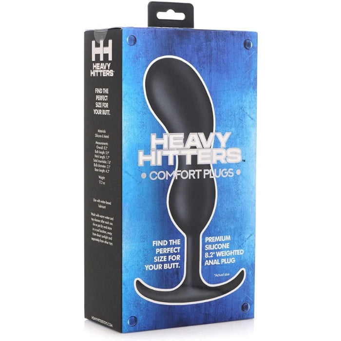 This premium butt plug is ergonomically shaped with two spheres, each with an internal metal weight to add a firm mass to squeeze and a lovely downward pull. The plush, velvety exterior is made from premium silicone that's phthalate-free and body-safe.  Overall Length: 5.4 inches, Bulb length: 3.6 inches, Neck Length: 1.2 inches, Total insertable: 4.8 inches, Bulb Diameter: 1.3 inch, Base Length: 3.6 inches.