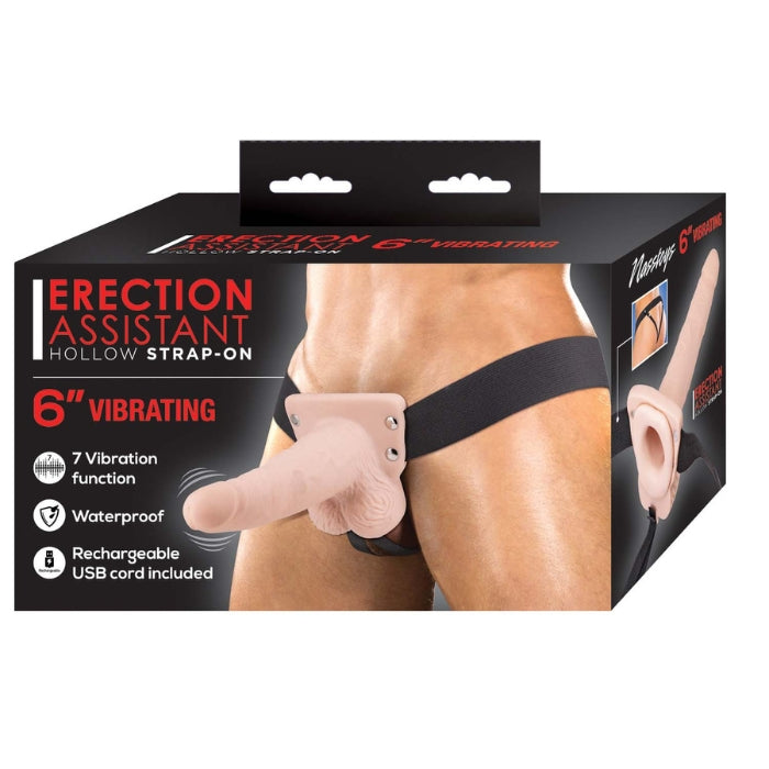 Erection Assistant Hollow Vibrating Strap On is fun for everyone! The hollow cavity allows for a penis user to insert themselves into the strap on to add girth or to help with ED but may be used by females as well as a traditional strap on. The comfortable, jock style harness accommodates most body types. 7 vibration functions, waterproof and rechargeable. Size: 6 inches in length by 1.75 inches in width.