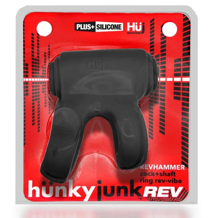 The Hünkyjunk Revhammer penis strap is a cockring plus shaft-ring that puts the vibe lengthwise up on top. Revhammer straps on with a rubbery cock ring in the back, the vibe lays on top of your penis and the front ring stretches around your shaft about 1-1.5” from the base. The rings secure the reverb-vibe. The rubbery-firm plus+silicone mix is super-soft stuff with a slick smooth velvet finish that’s super-rubbery tough. Waterproof, buttery operated (batteries included), stretchy so one size fits all.