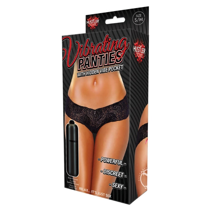 These vibrating panties by Hustler are the ultimate in discreet, sexy, and exciting foreplay. Featuring a sewed-in insert for your powerful bullet, these panties ensure that your bullet retains clitoral contact no matter where you are. In a gorgeous black lace design, with a wide waistband detail to accentuate your hips, these panties feature a thong design with a sexy bring pink crisscross detailing on the back that allows you to tighten or loosen according to your comfort and shape.