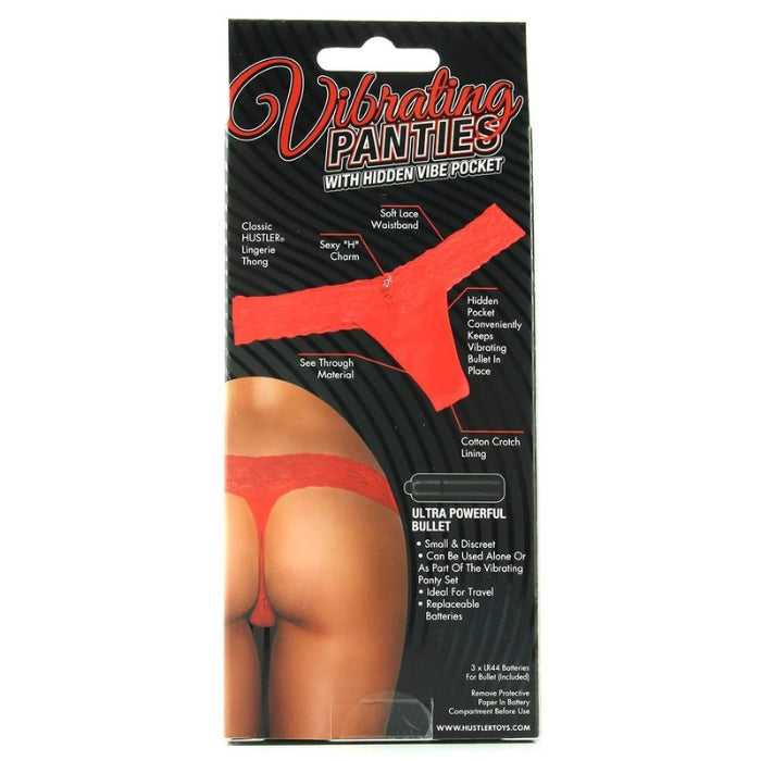 Sure, they're comfortable and flattering, but Hustler's gorgeous Vibrating Panties also feature a secretive little pocket sewn securely into the crotch. Holding an included bullet vibe perfectly in place. Beautifully designed with a soft, stretchy lace waistband, a cotton lining and a glittery rhinestone 'H' charm, these panties boast a bare-all thong style that won't leave telltale lines under clothing. Size Medium/Large