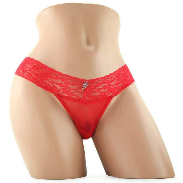 Beautifully designed with a soft, stretchy lace waistband, a cotton lining and a glittery rhinestone 'H' charm, these panties boast a bare-all thong style that won't leave telltale lines under clothing. Size Medium/Large
