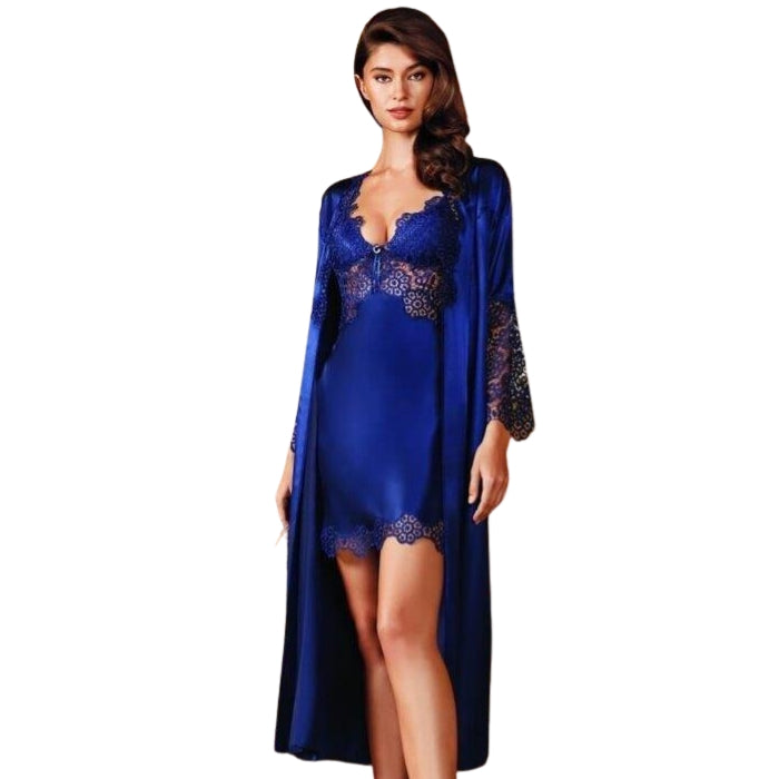Blue Satin & Lace Short Nighty with Long Gown Set, a stunning and graceful ensemble. The nighty features beautiful lace on the top, with built-in cups for a flattering fit and a sheer midsection, delicate spaghetti straps complete the look, while the lovely satin bottom of the dress. The matching gown is long, made from satin, with 1/3 lace sleeves, adding a hint of romance and femininity.