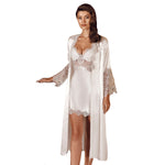 Lace & Satin Short Nighty with long Gown - White