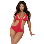 Fun and flirty stretch mesh and lace peek-a-boo teddy with adjustable straps, crotchless panty bottom and bikini back.