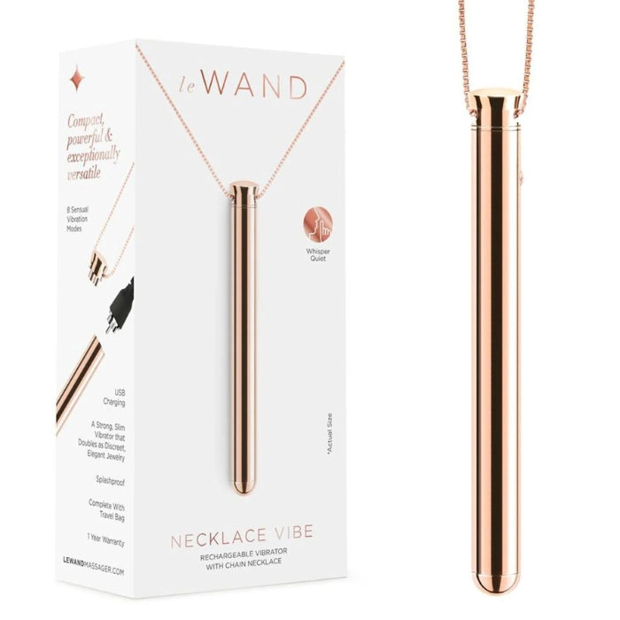 Make a sexy fashion statement with the new Le Wand Necklace Vibe and enjoy orgasms anytime, anywhere! A powerful, slim vibrator that doubles as understated, elegant jewelry. With 8 vibration modes and ultra-quiet motor, it can meet your needs anytime, anywhere. features a 26" nickel-free stainless steel chain with an optional 4" extender, and comes with a USB charger and microsuede travel pouch for on-the-go or necklace charm.